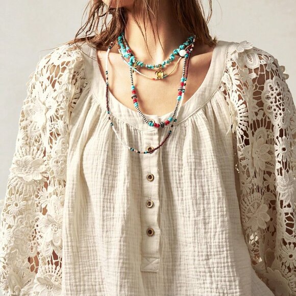 White Boho Women's Bohemian Plain Woven Loose Front Button Blouse - Picture 5 of 7